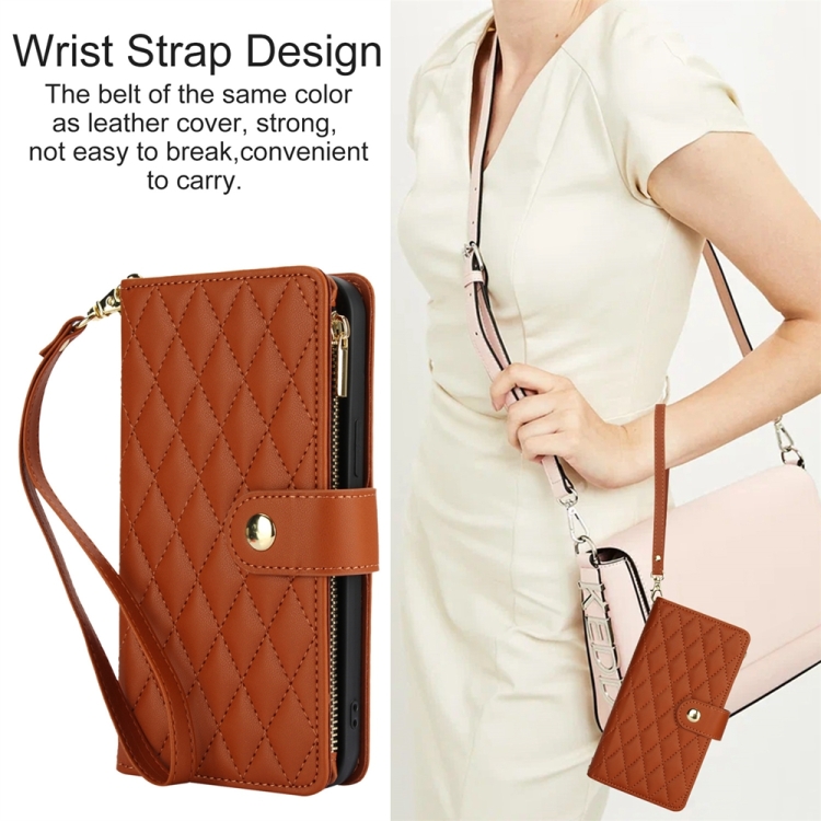 For iPhone 13 mini YM016 Rhombic Zipper Card Wallet Leather Phone Case with Lanyard(Brown) For iPhone 13 mini YM016 Rhombic Zipper Card Wallet Leather Phone Case with Lanyard(Brown)