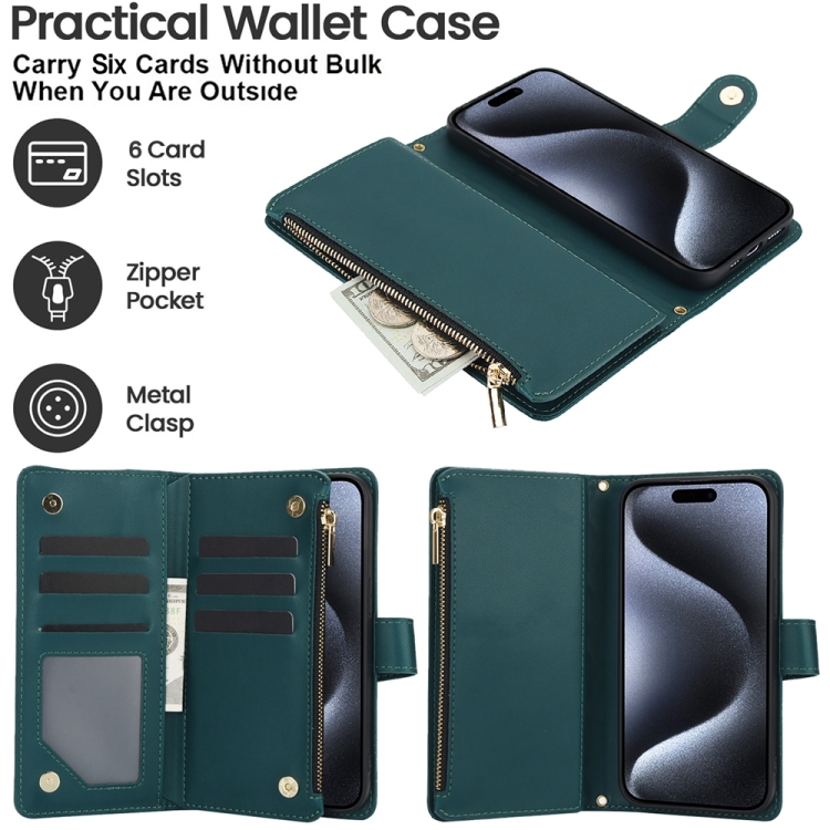For iPhone 11 Pro Max YM016 Rhombic Zipper Card Wallet Leather Phone Case with Lanyard(Green)