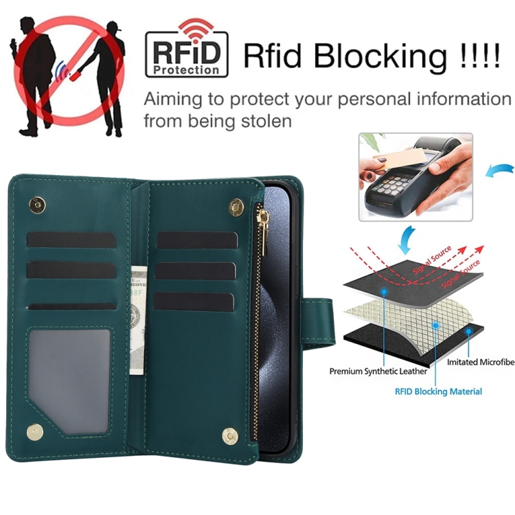 For iPhone 11 Pro Max YM016 Rhombic Zipper Card Wallet Leather Phone Case with Lanyard(Green)
