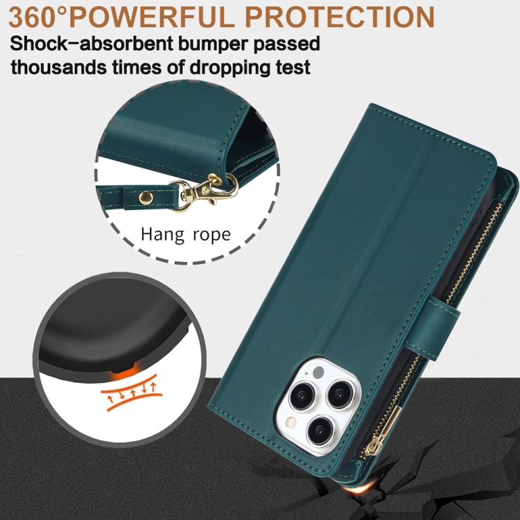 For iPhone 11 Pro Max YM016 Rhombic Zipper Card Wallet Leather Phone Case with Lanyard(Green)