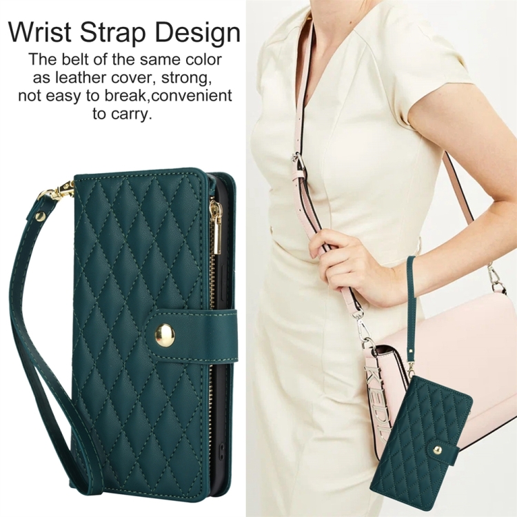 For iPhone 11 Pro Max YM016 Rhombic Zipper Card Wallet Leather Phone Case with Lanyard(Green)