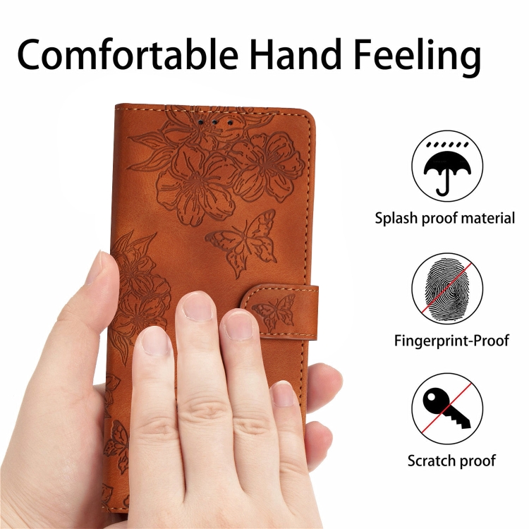 For iPhone 15 Pro Cherry Blossom Butterfly Skin Feel Embossed PU Phone Case(Brown) For iPhone 15 Pro Cherry Blossom Butterfly Skin Feel Embossed PU Phone Case(Brown)