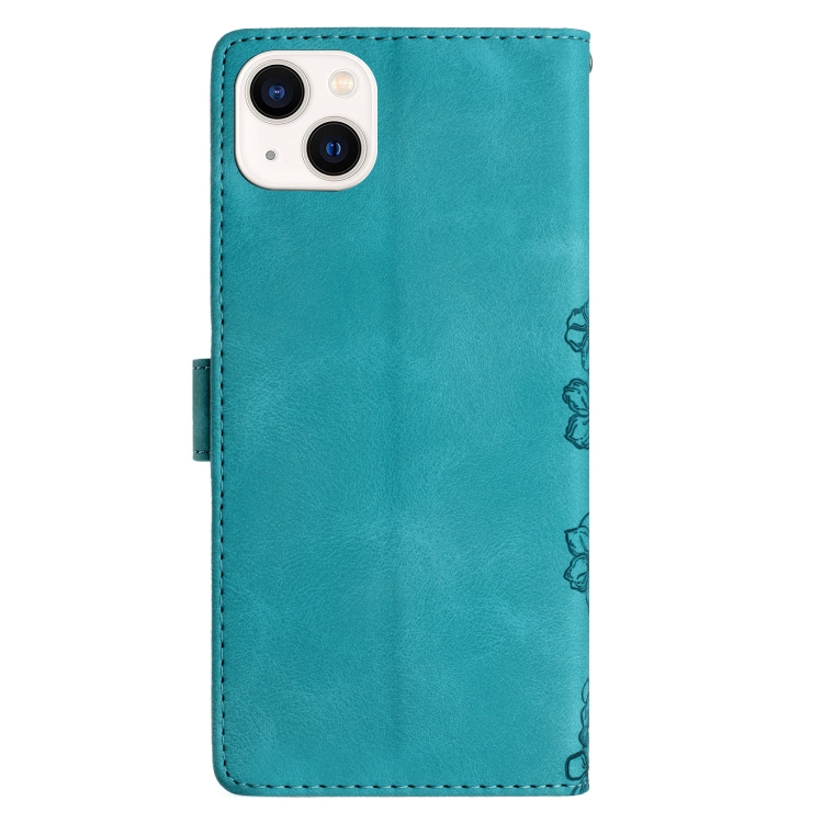 For iPhone 15 Plus Cherry Blossom Butterfly Skin Feel Embossed PU Phone Case(Green)