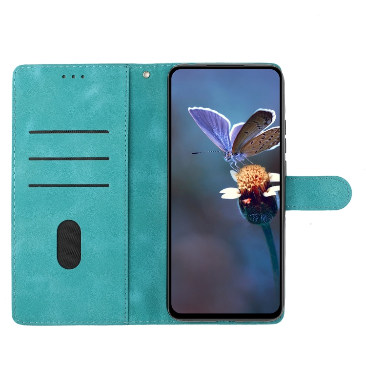 For iPhone 15 Plus Cherry Blossom Butterfly Skin Feel Embossed PU Phone Case(Green)