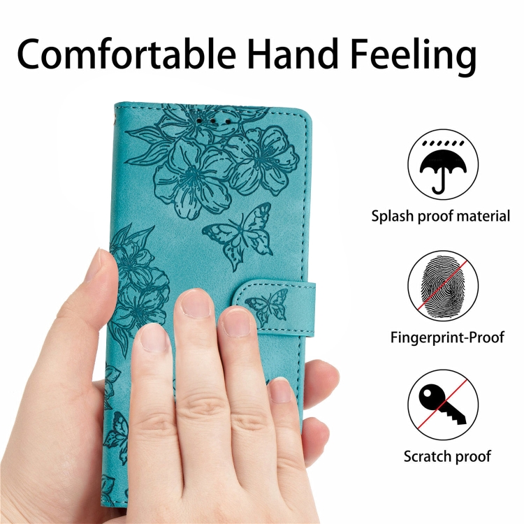 For iPhone 15 Plus Cherry Blossom Butterfly Skin Feel Embossed PU Phone Case(Green)