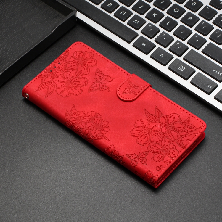 For iPhone 15 Cherry Blossom Butterfly Skin Feel Embossed PU Phone Case(Red) For iPhone 15 Cherry Blossom Butterfly Skin Feel Embossed PU Phone Case(Red)