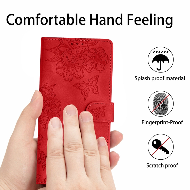 For iPhone 15 Cherry Blossom Butterfly Skin Feel Embossed PU Phone Case(Red) For iPhone 15 Cherry Blossom Butterfly Skin Feel Embossed PU Phone Case(Red)