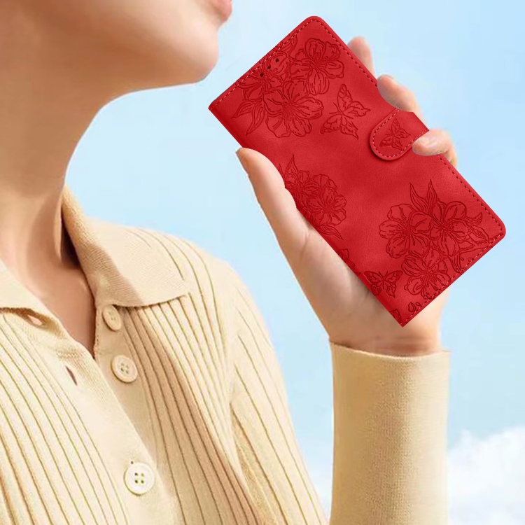 For iPhone 15 Cherry Blossom Butterfly Skin Feel Embossed PU Phone Case(Red) For iPhone 15 Cherry Blossom Butterfly Skin Feel Embossed PU Phone Case(Red)
