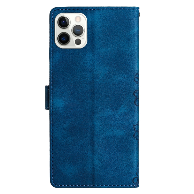 For iPhone 16 Pro Cherry Blossom Butterfly Skin Feel Embossed PU Phone Case(Blue)