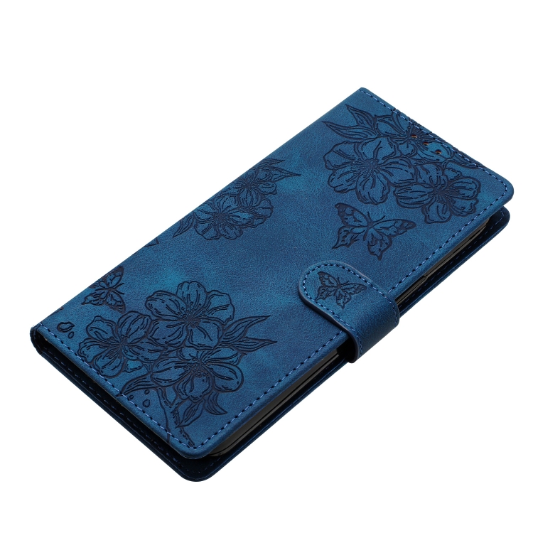 For iPhone 16 Pro Cherry Blossom Butterfly Skin Feel Embossed PU Phone Case(Blue)