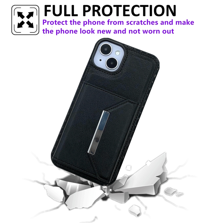 For iPhone 14 Plus Solid Color Metal Buckle Card Slots Bag Phone Case(Black)