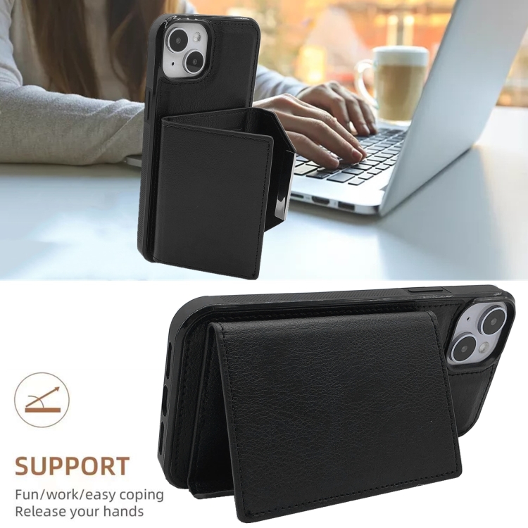 For iPhone 14 Plus Solid Color Metal Buckle Card Slots Bag Phone Case(Black)
