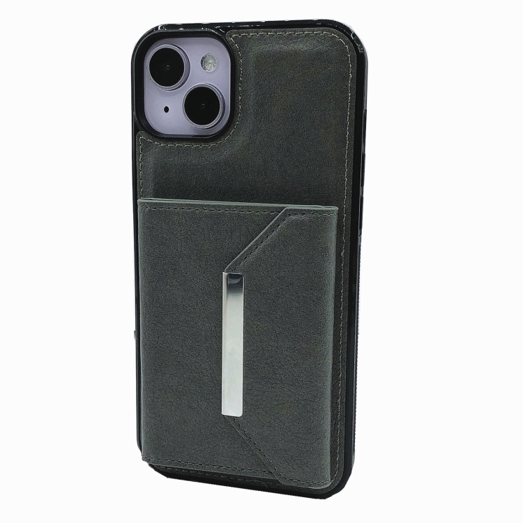For iPhone 14 Solid Color Metal Buckle Card Slots Bag Phone Case(Grey) For iPhone 14 Solid Color Metal Buckle Card Slots Bag Phone Case(Grey)