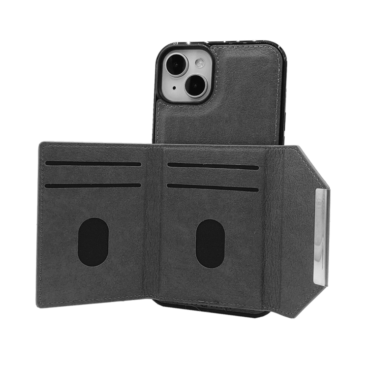 For iPhone 14 Solid Color Metal Buckle Card Slots Bag Phone Case(Grey) For iPhone 14 Solid Color Metal Buckle Card Slots Bag Phone Case(Grey)