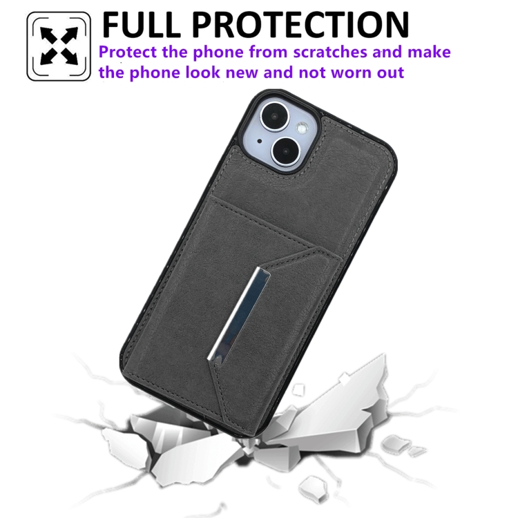 For iPhone 14 Solid Color Metal Buckle Card Slots Bag Phone Case(Grey) For iPhone 14 Solid Color Metal Buckle Card Slots Bag Phone Case(Grey)