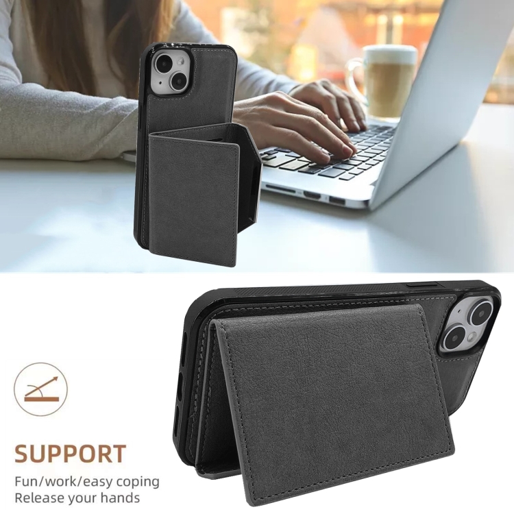 For iPhone 14 Solid Color Metal Buckle Card Slots Bag Phone Case(Grey) For iPhone 14 Solid Color Metal Buckle Card Slots Bag Phone Case(Grey)