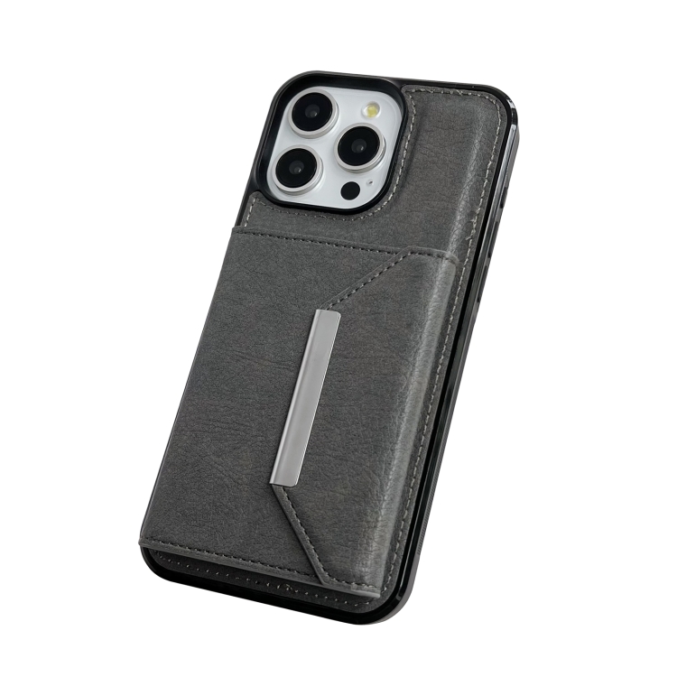 For iPhone 14 Pro Solid Color Metal Buckle Card Slots Bag Phone Case(Grey) For iPhone 14 Pro Solid Color Metal Buckle Card Slots Bag Phone Case(Grey)
