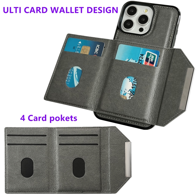 For iPhone 14 Pro Solid Color Metal Buckle Card Slots Bag Phone Case(Grey) For iPhone 14 Pro Solid Color Metal Buckle Card Slots Bag Phone Case(Grey)