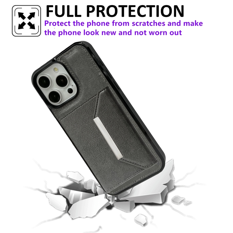 For iPhone 14 Pro Solid Color Metal Buckle Card Slots Bag Phone Case(Grey) For iPhone 14 Pro Solid Color Metal Buckle Card Slots Bag Phone Case(Grey)