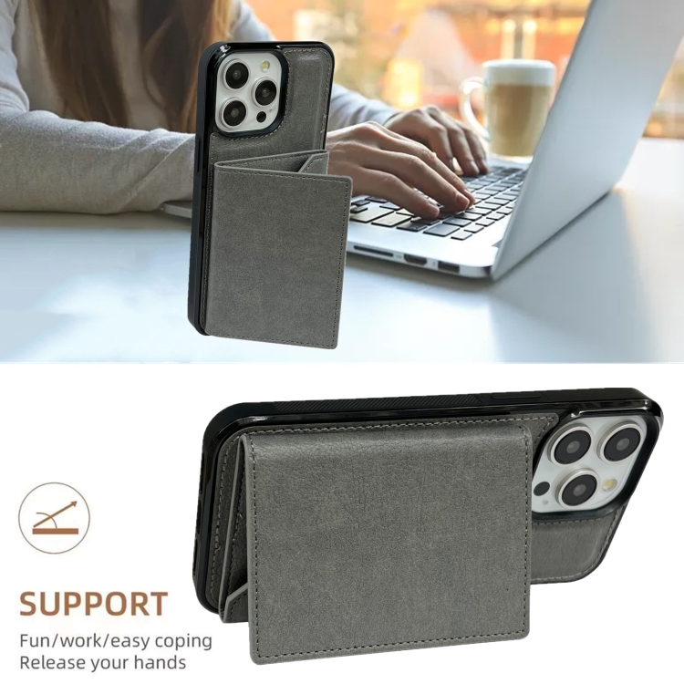 For iPhone 14 Pro Solid Color Metal Buckle Card Slots Bag Phone Case(Grey) For iPhone 14 Pro Solid Color Metal Buckle Card Slots Bag Phone Case(Grey)