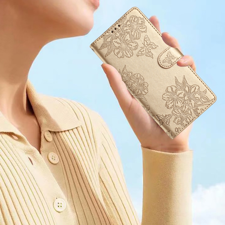 For Samsung Galaxy S23+ 5G Cherry Blossom Butterfly Skin Feel Embossed PU Phone Case(Gold) For Samsung Galaxy S23+ 5G Cherry Blossom Butterfly Skin Feel Embossed PU Phone Case(Gold)