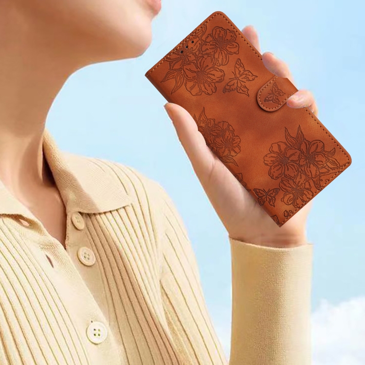 For Samsung Galaxy S23 Ultra 5G Cherry Blossom Butterfly Skin Feel Embossed PU Phone Case(Brown) For Samsung Galaxy S23 Ultra 5G Cherry Blossom Butterfly Skin Feel Embossed PU Phone Case(Brown)