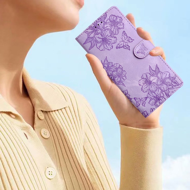 For Samsung Galaxy S24 5G Cherry Blossom Butterfly Skin Feel Embossed PU Phone Case(Purple) For Samsung Galaxy S24 5G Cherry Blossom Butterfly Skin Feel Embossed PU Phone Case(Purple)