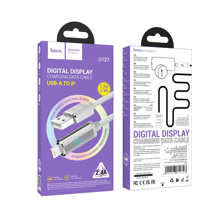 hoco U127 1.2m USB to 8 Pin Charging Data Cable with Visible Power Level(Silver Grey) hoco U127 1.2m USB to 8 Pin Charging Data Cable with Visible Power Level(Silver Grey)