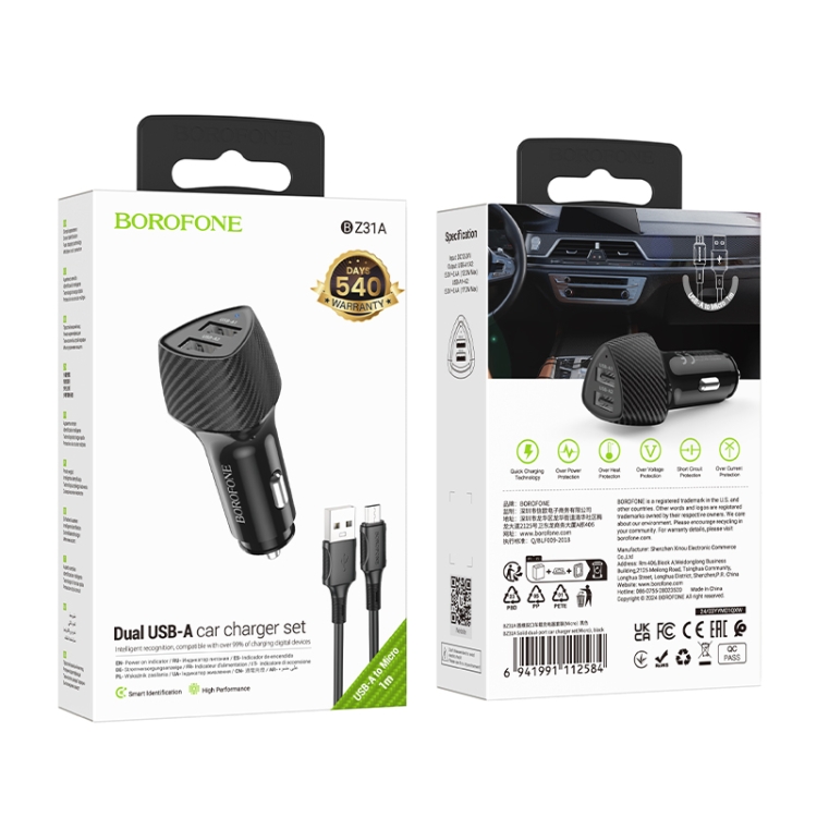 BOROFONE BZ31A Solid Dual-port USB Car Charger Set with USB to Micro USB Cable(Black) BOROFONE BZ31A Solid Dual-port USB Car Charger Set with USB to Micro USB Cable(Black)