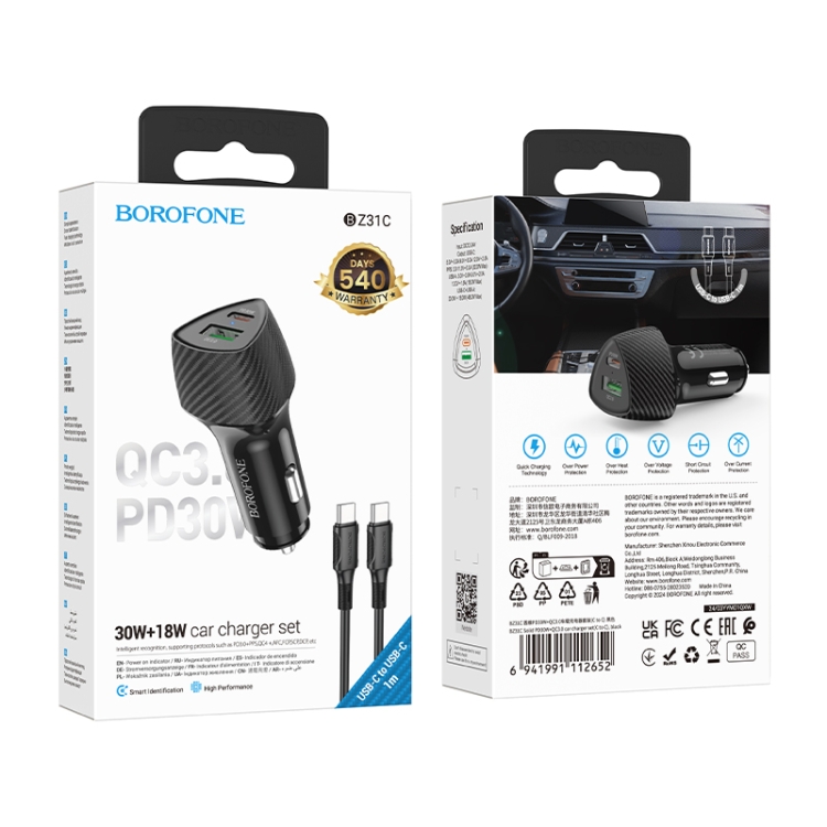 BOROFONE BZ31C Solid PD30W + QC3.0 Car Charger Set with Type-C to Type-C Cable(Black)