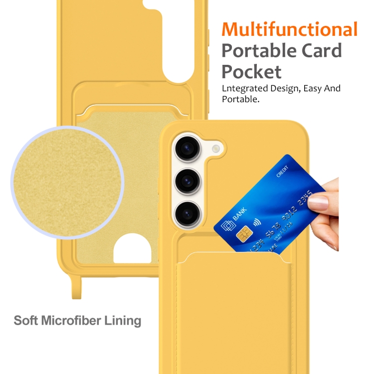 For Samsung Galaxy S23 5G Integrated Card Bag Solid Color Liquid Silicone Phone Case with Lanyard(Yellow) For Samsung Galaxy S23 5G Integrated Card Bag Solid Color Liquid Silicone Phone Case with Lanyard(Yellow)