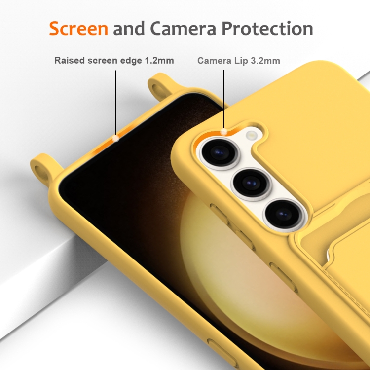 For Samsung Galaxy S23 5G Integrated Card Bag Solid Color Liquid Silicone Phone Case with Lanyard(Yellow) For Samsung Galaxy S23 5G Integrated Card Bag Solid Color Liquid Silicone Phone Case with Lanyard(Yellow)