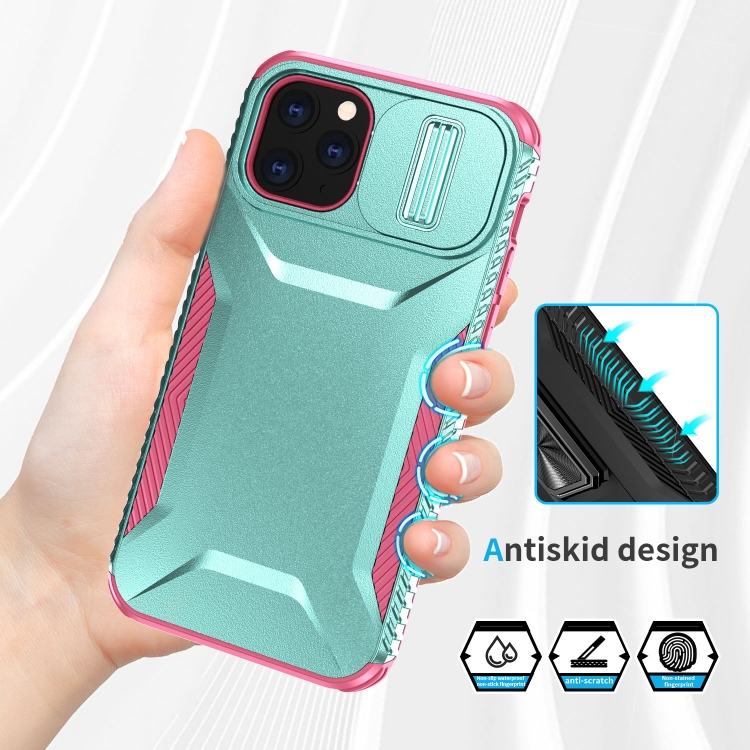 For iPhone 11 Pro Max Sliding Camshield Phone Case(Grey Green + Pink)