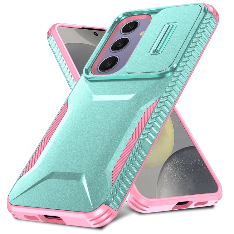 For Samsung Galaxy S24 FE 5G Sliding Camshield Phone Case(Grey Green + Pink) For Samsung Galaxy S24 FE 5G Sliding Camshield Phone Case(Grey Green + Pink)