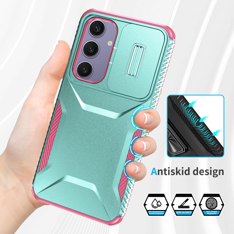 For Samsung Galaxy S24 FE 5G Sliding Camshield Phone Case(Grey Green + Pink) For Samsung Galaxy S24 FE 5G Sliding Camshield Phone Case(Grey Green + Pink)