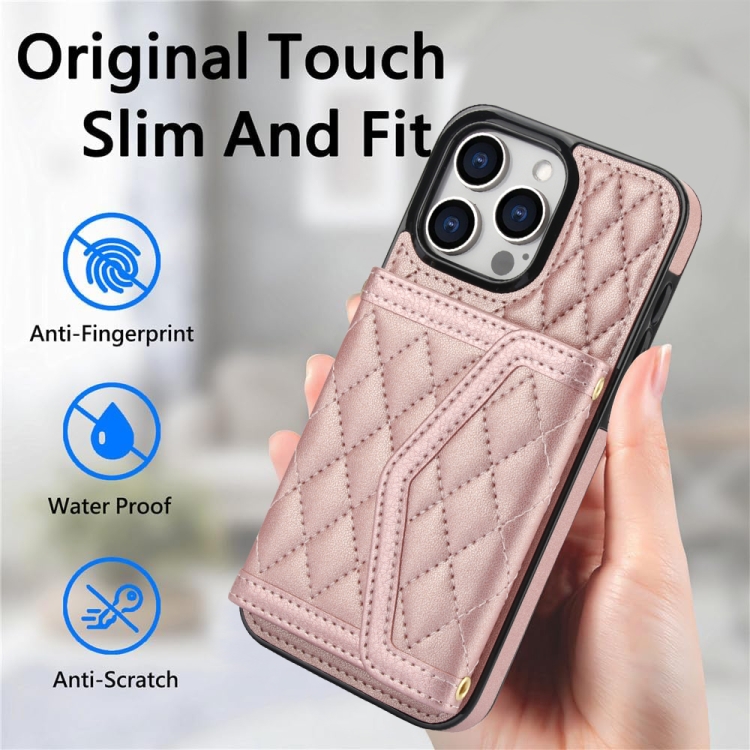 For iPhone 13 / 14 Splicing Rhombic Texture Card Bag Phone Case with Long Lanyard(Rose Gold) For iPhone 13 / 14 Splicing Rhombic Texture Card Bag Phone Case with Long Lanyard(Rose Gold)