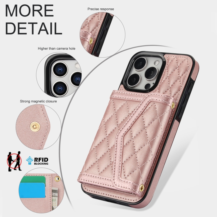 For iPhone 13 / 14 Splicing Rhombic Texture Card Bag Phone Case with Long Lanyard(Rose Gold) For iPhone 13 / 14 Splicing Rhombic Texture Card Bag Phone Case with Long Lanyard(Rose Gold)