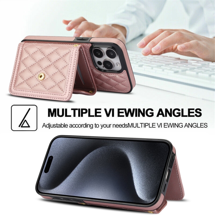For iPhone 13 / 14 Splicing Rhombic Texture Card Bag Phone Case with Long Lanyard(Rose Gold) For iPhone 13 / 14 Splicing Rhombic Texture Card Bag Phone Case with Long Lanyard(Rose Gold)
