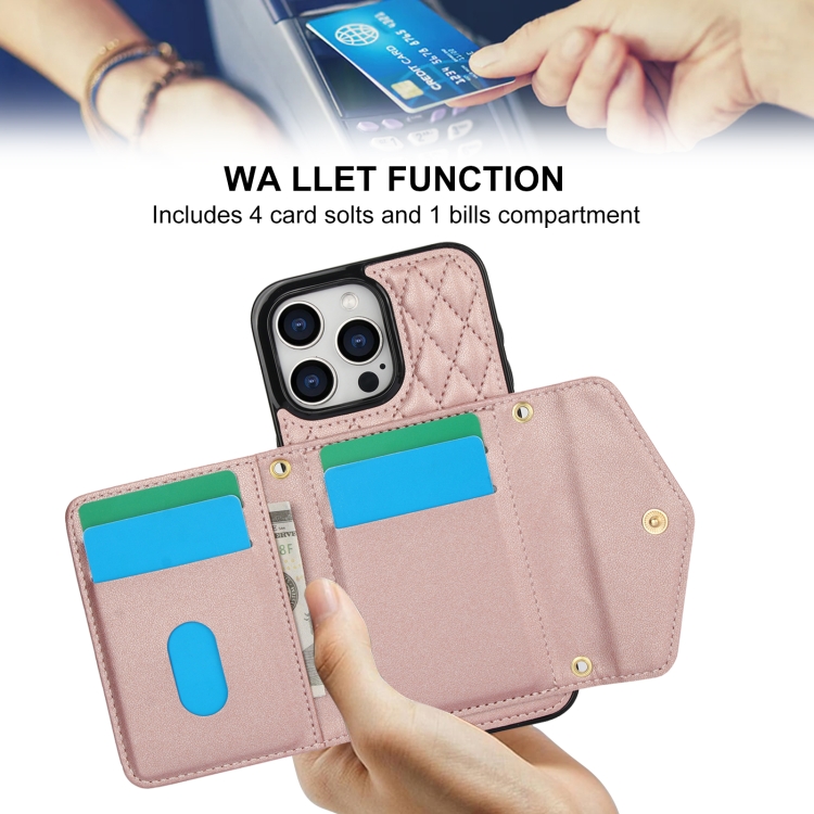 For iPhone 13 / 14 Splicing Rhombic Texture Card Bag Phone Case with Long Lanyard(Rose Gold) For iPhone 13 / 14 Splicing Rhombic Texture Card Bag Phone Case with Long Lanyard(Rose Gold)