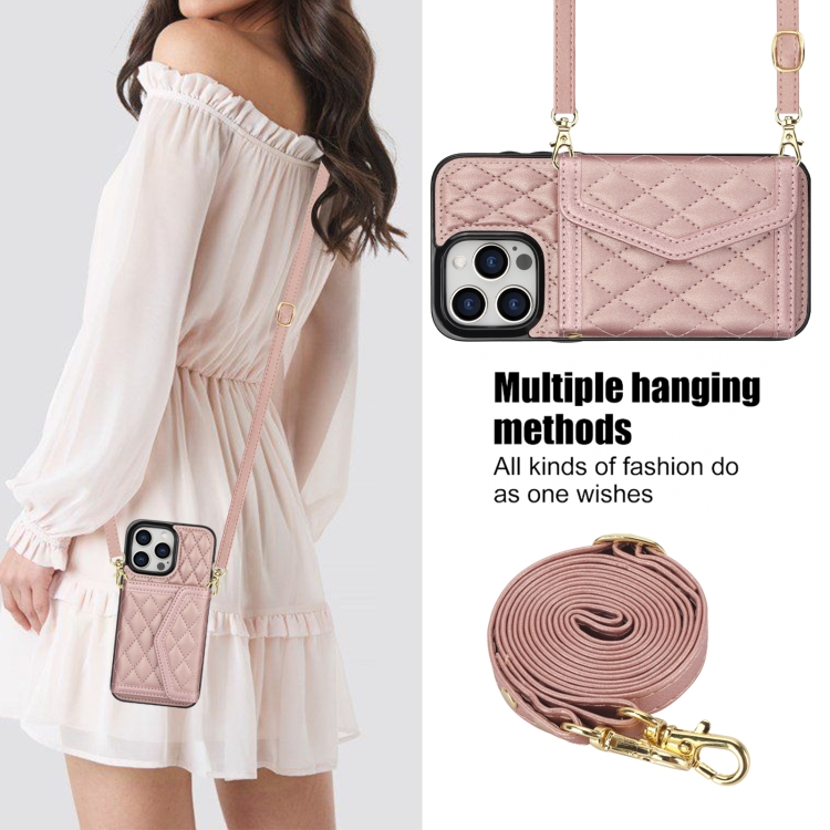 For iPhone 13 / 14 Splicing Rhombic Texture Card Bag Phone Case with Long Lanyard(Rose Gold) For iPhone 13 / 14 Splicing Rhombic Texture Card Bag Phone Case with Long Lanyard(Rose Gold)