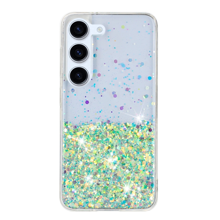 For Samsung Galaxy S24 5G Transparent Frame Noctilucent Glitter Powder TPU Phone Case(Green) For Samsung Galaxy S24 5G Transparent Frame Noctilucent Glitter Powder TPU Phone Case(Green)