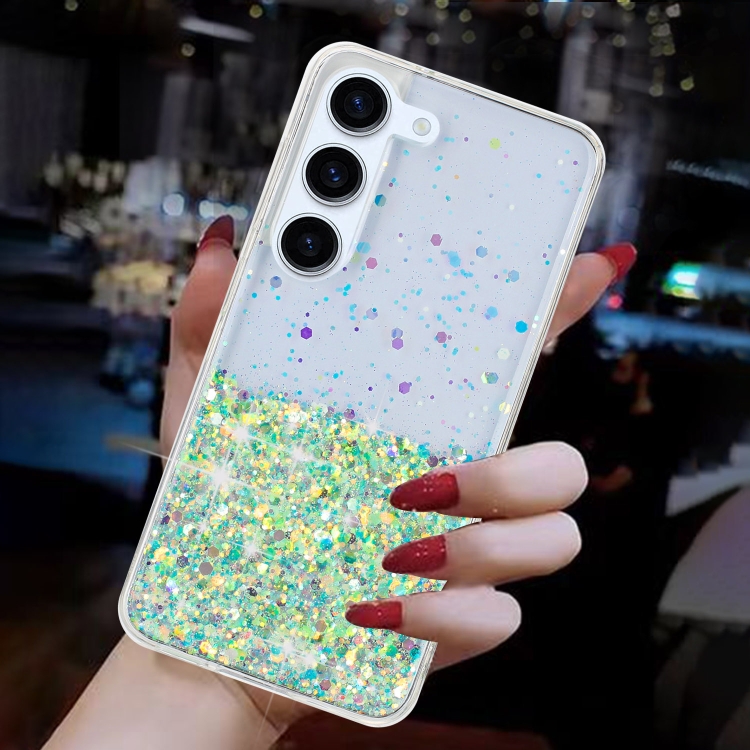 For Samsung Galaxy S24 5G Transparent Frame Noctilucent Glitter Powder TPU Phone Case(Green) For Samsung Galaxy S24 5G Transparent Frame Noctilucent Glitter Powder TPU Phone Case(Green)
