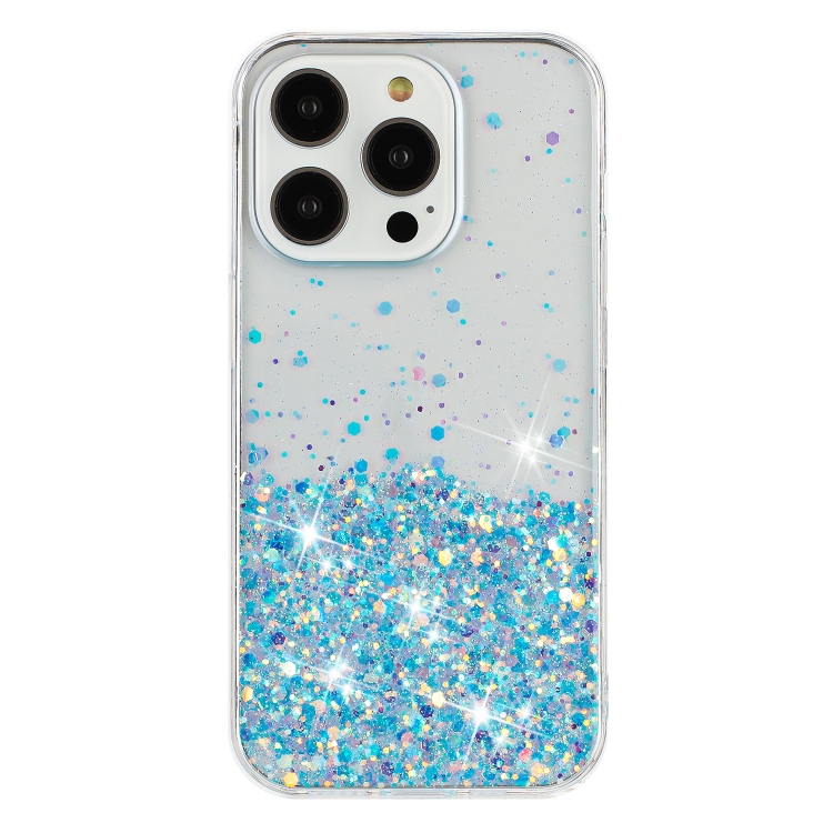 For iPhone 14 Pro Transparent Frame Noctilucent Glitter Powder TPU Phone Case(Blue)