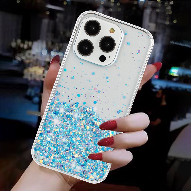 For iPhone 14 Pro Transparent Frame Noctilucent Glitter Powder TPU Phone Case(Blue)