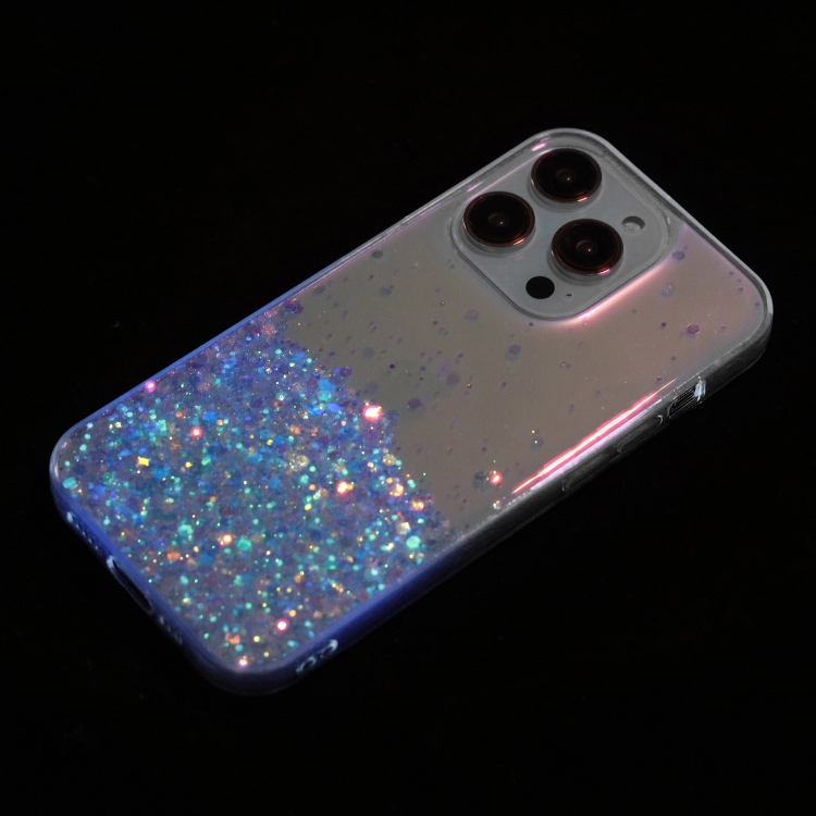 For iPhone 14 Pro Transparent Frame Noctilucent Glitter Powder TPU Phone Case(Blue)