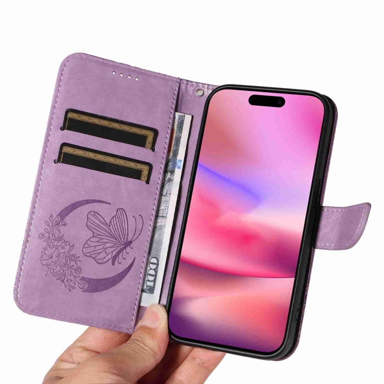 For iPhone 16 Swallowtail Butterfly Embossed Leather Phone Case(Purple) For iPhone 16 Swallowtail Butterfly Embossed Leather Phone Case(Purple)
