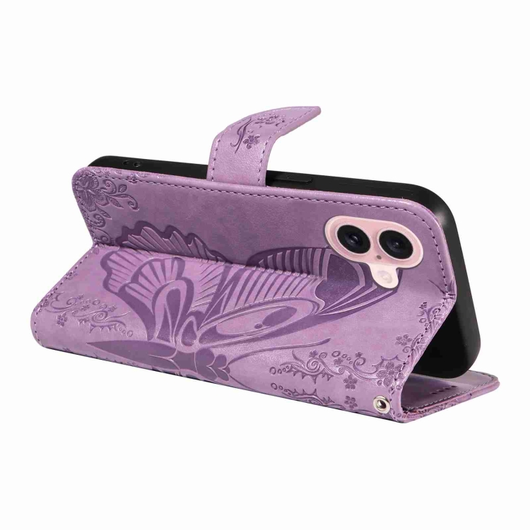 For iPhone 16 Swallowtail Butterfly Embossed Leather Phone Case(Purple) For iPhone 16 Swallowtail Butterfly Embossed Leather Phone Case(Purple)