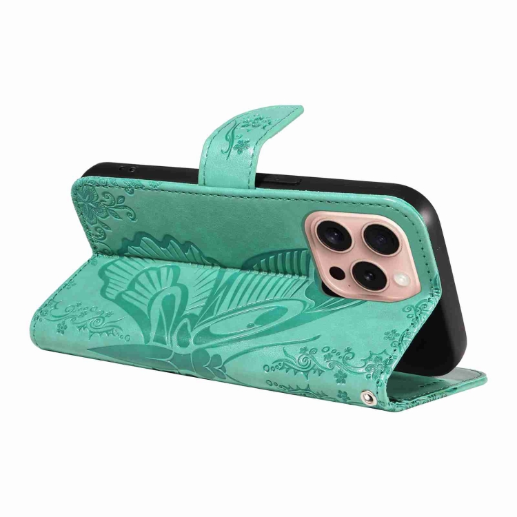 For iPhone 16 Pro Swallowtail Butterfly Embossed Leather Phone Case(Green) For iPhone 16 Pro Swallowtail Butterfly Embossed Leather Phone Case(Green)