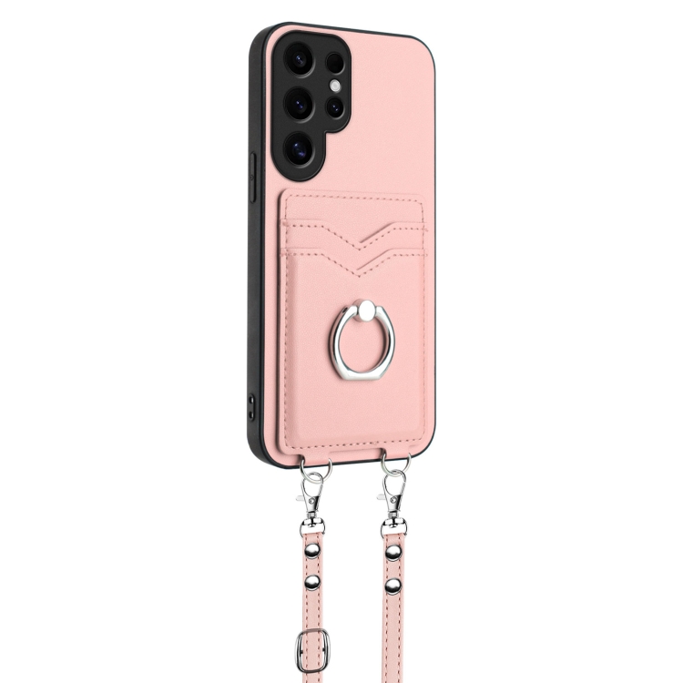 For Samsung Galaxy S24 Ultra 5G R20 Crossbody Rope Ring Card Holder Phone Case(Pink)