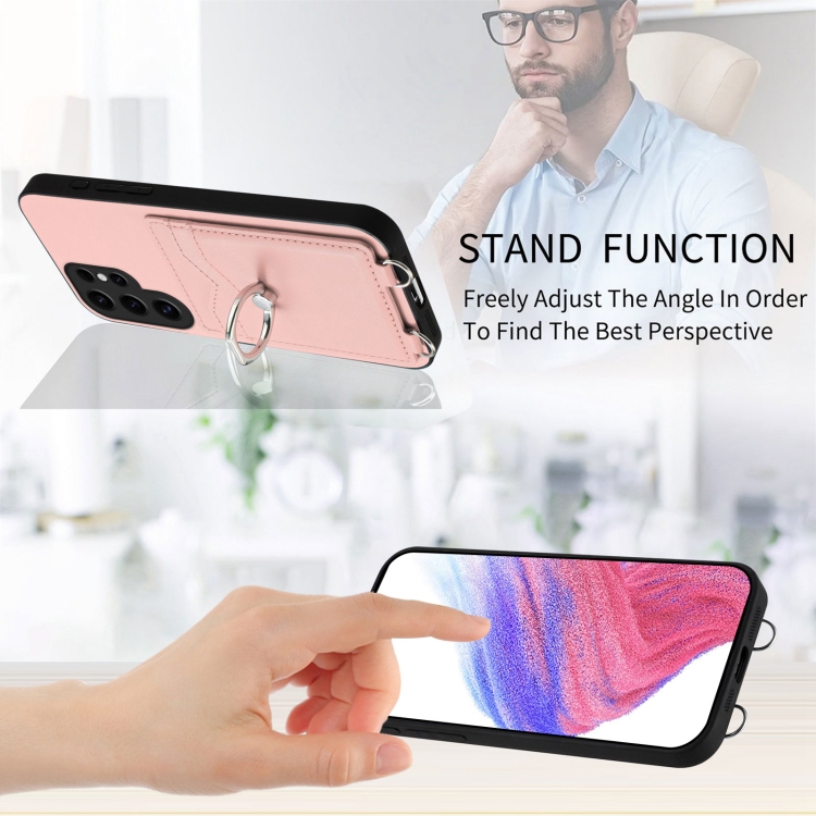 For Samsung Galaxy S24 Ultra 5G R20 Crossbody Rope Ring Card Holder Phone Case(Pink)